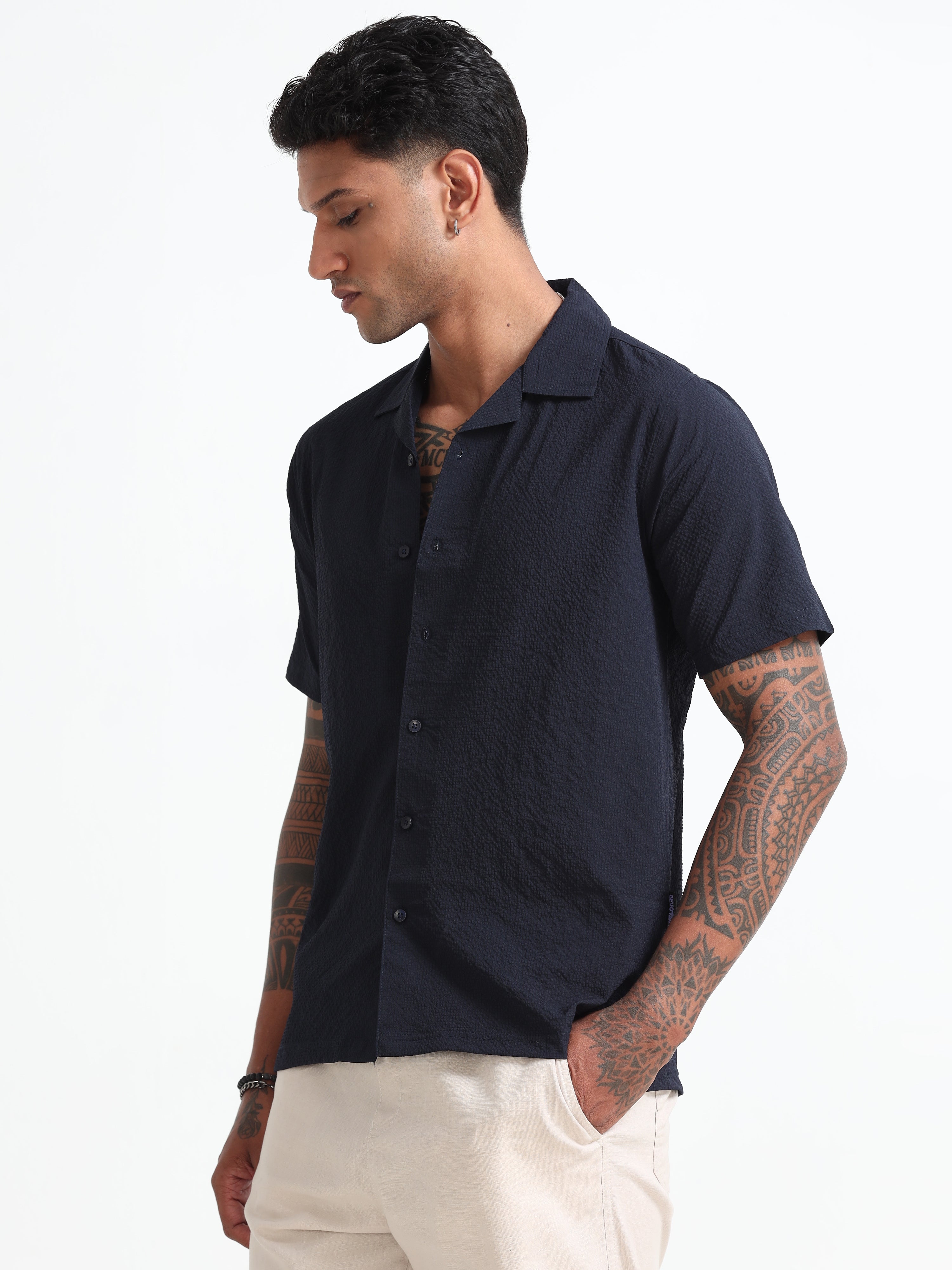 Navy-Blue Cotton Blend  Half Sleeves Regular Shirt