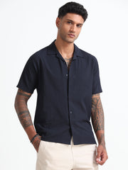 Navy-Blue Cotton Blend  Half Sleeves Regular Shirt