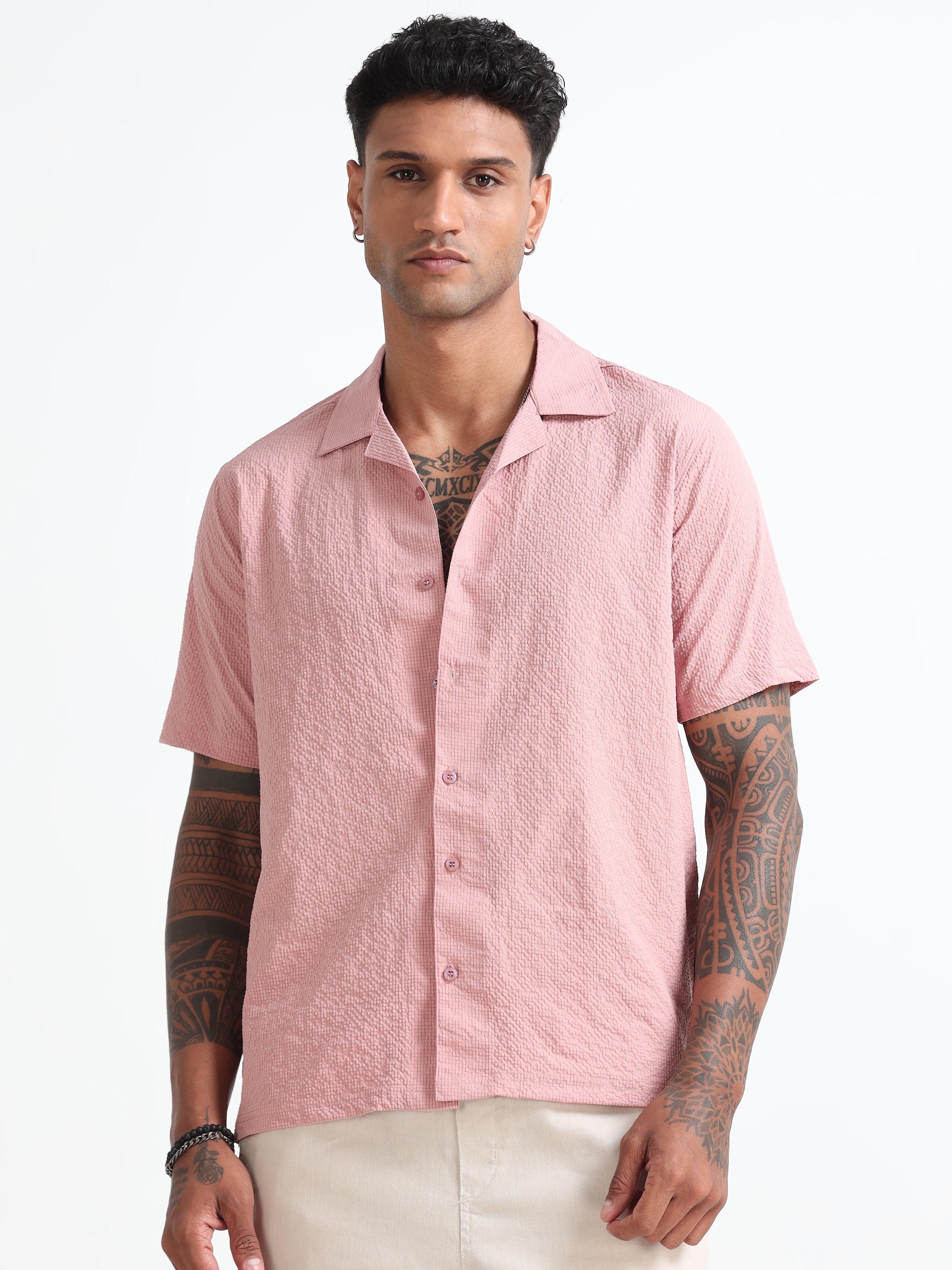 Pink Cotton Blend  Half Sleeves Regular Shirt