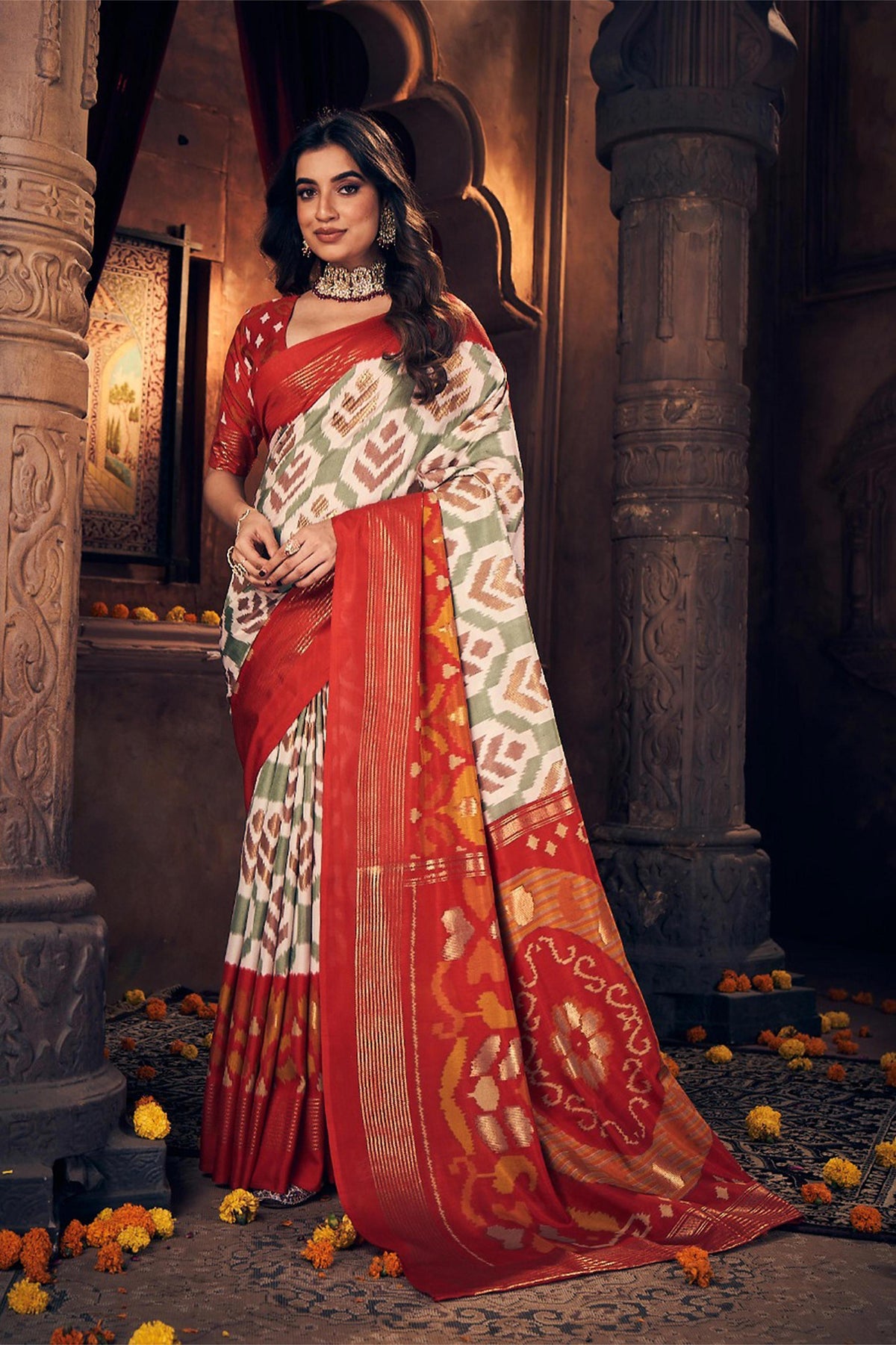 White Velvet Tussar Silk  Saree-KSK2001