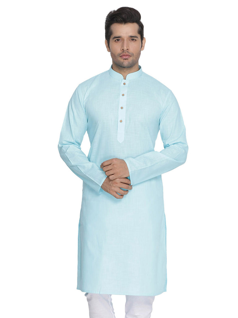 Men's Sky Blue Color Indian Traditional Wear Tunic Cotton Kurta Pajama Set