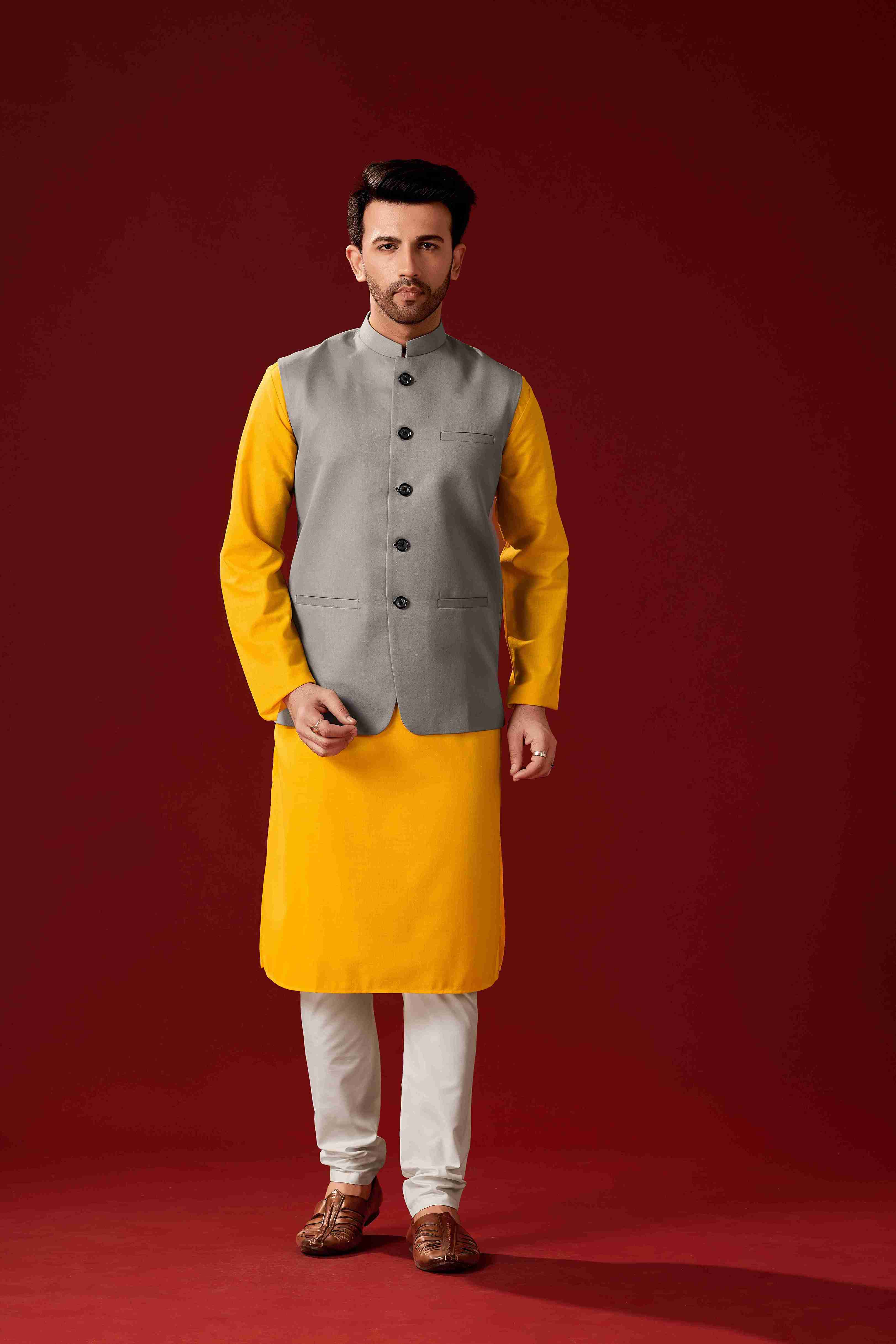 Men's Mustard Cotton Kurta Pajama Set With jacket