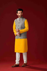 Men's Mustard Cotton Kurta Pajama Set With jacket