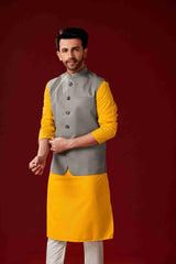 Men's Mustard Cotton Kurta Pajama Set With jacket