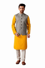 Men's Mustard Cotton Kurta Pajama Set With jacket