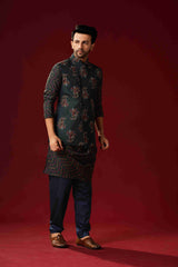 Men's Dark Blue Cotton Kurta Pajama Set With Printed Jacket