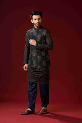 Men's Dark Blue Cotton Kurta Pajama Set With Printed Jacket