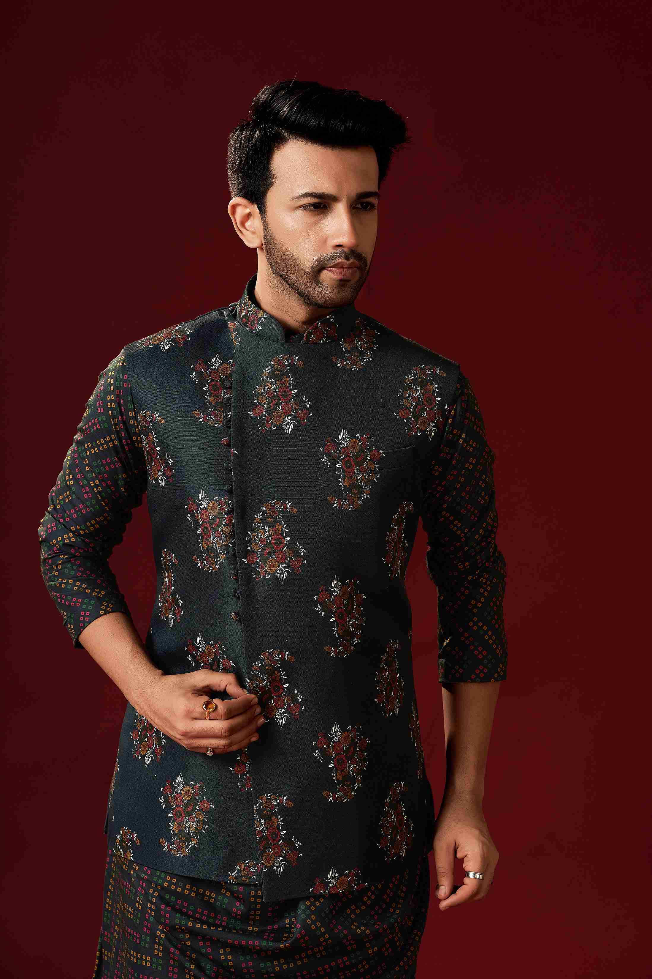 Men's Dark Blue Cotton Kurta Pajama Set With Printed Jacket