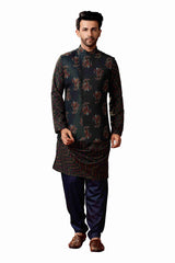 Men's Dark Blue Cotton Kurta Pajama Set With Printed Jacket