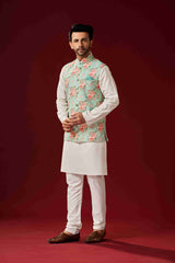 Men's Off-White Cotton Kurta Pajama Set With Printed Jacket