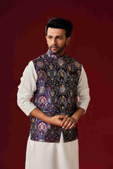 Men's Off-White Cotton Kurta Pajama Set with Printed Jacket