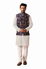 Men's Off-White Cotton Kurta Pajama Set with Printed Jacket