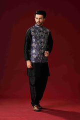 Men's Black Cotton Kurta Pajama Set With Printed Jacket