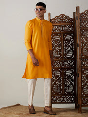 Mustard Art Silk Solid Kurta Pant Set For Men