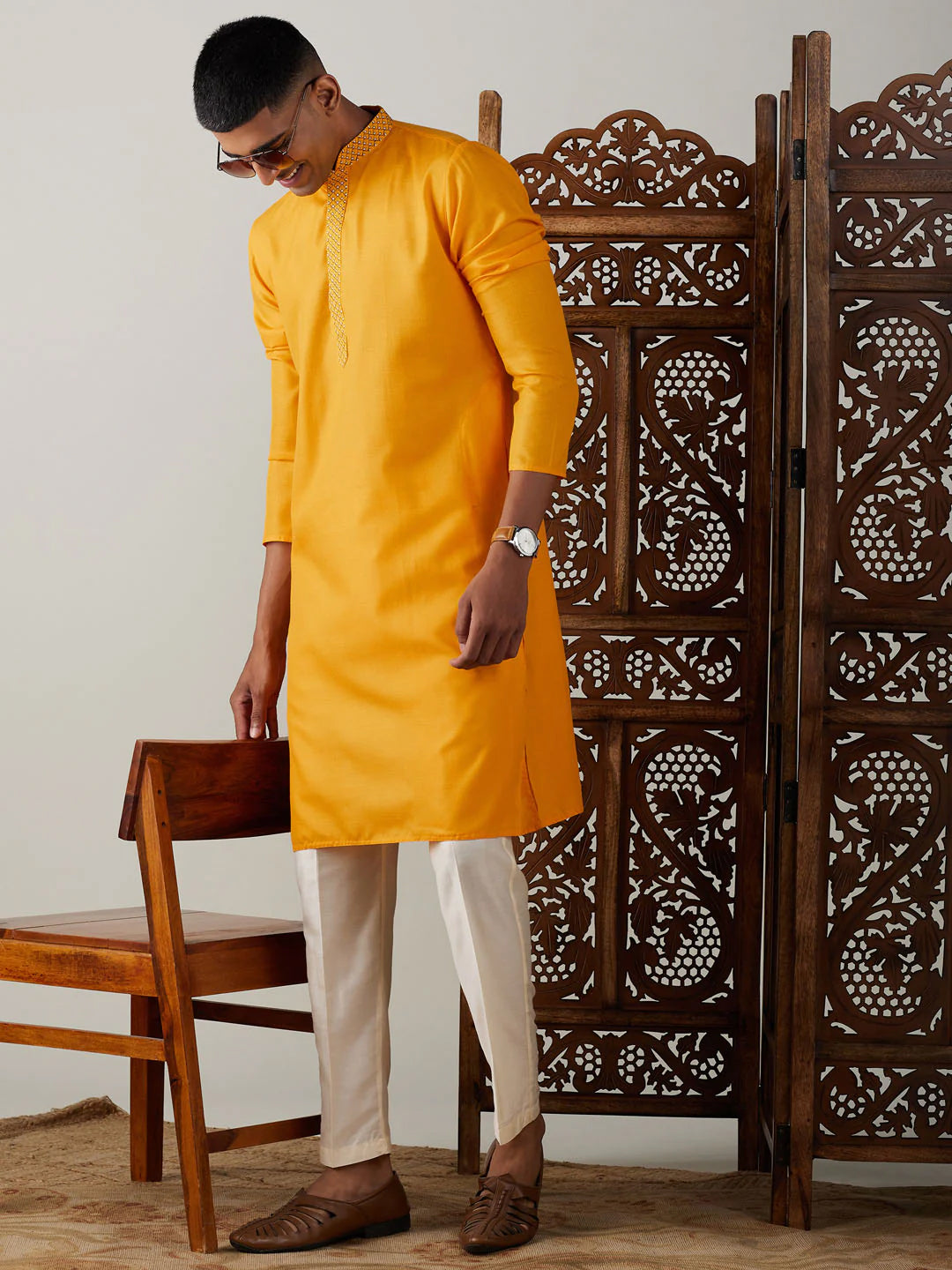 Mustard Art Silk Solid Kurta Pant Set For Men