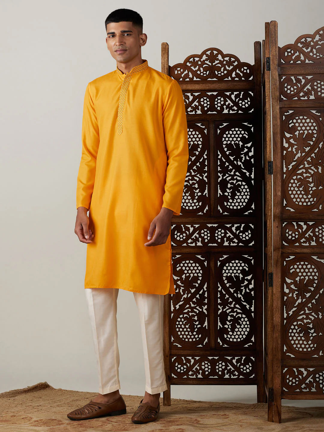 Mustard Art Silk Solid Kurta Pant Set For Men