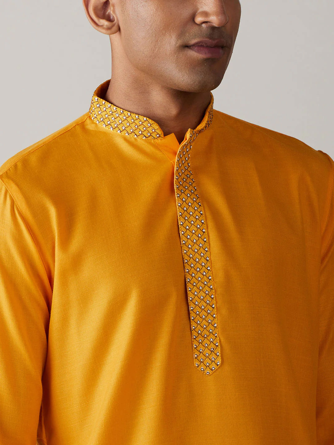 Mustard Art Silk Solid Kurta Pant Set For Men