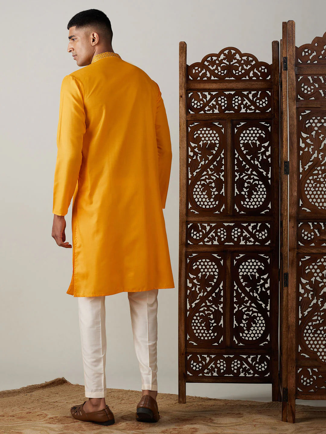 Mustard Art Silk Solid Kurta Pant Set For Men