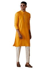 Mustard Art Silk Solid Kurta Pant Set For Men