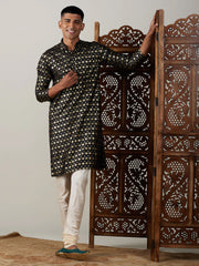 Men's Black Art Silk Foil Print Kurta Pant Set