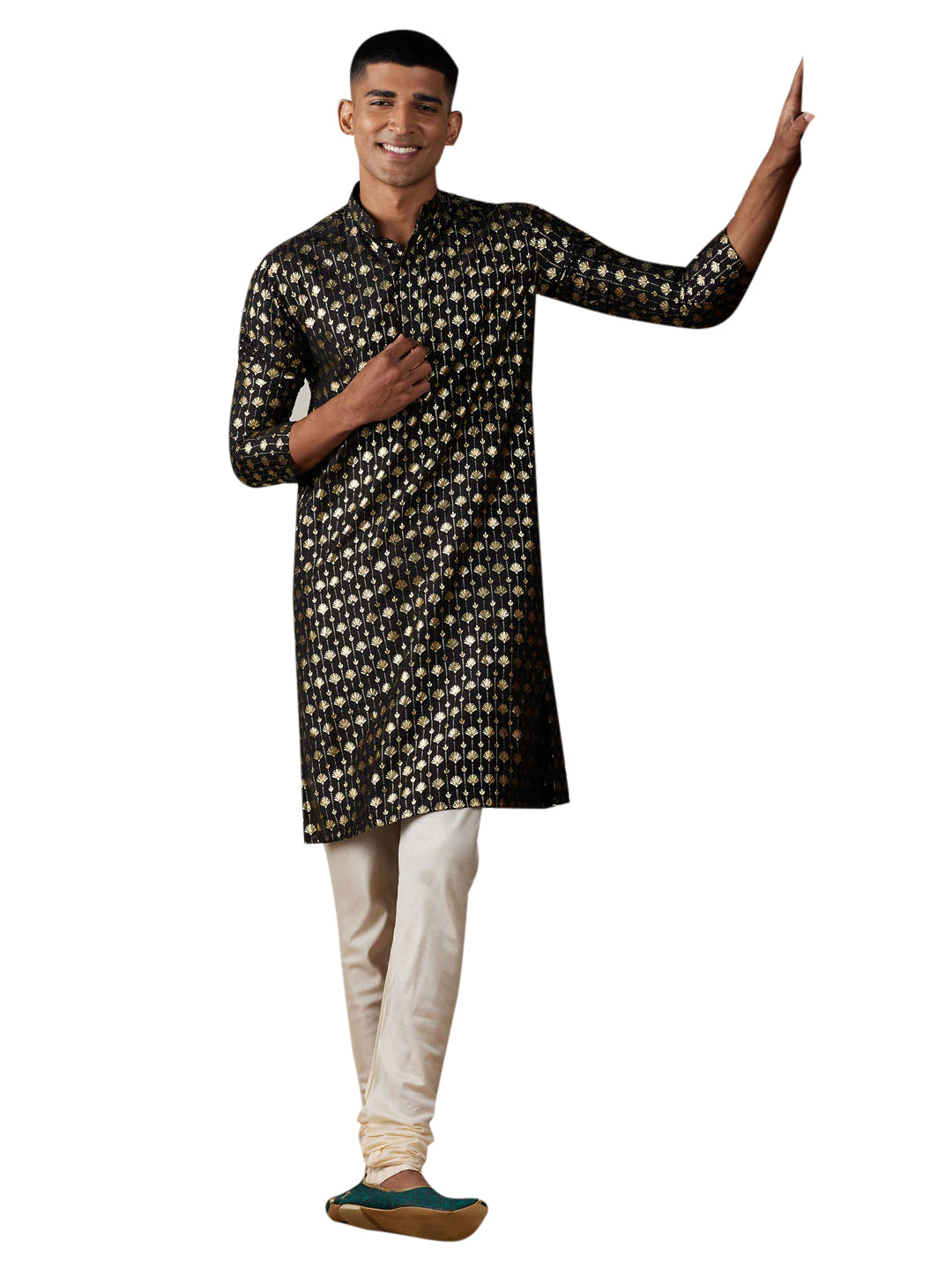 Men's Black Art Silk Foil Print Kurta Pant Set