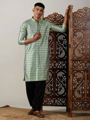 Men's Sea Green Art Silk Foil Print Kurta Pathani Set