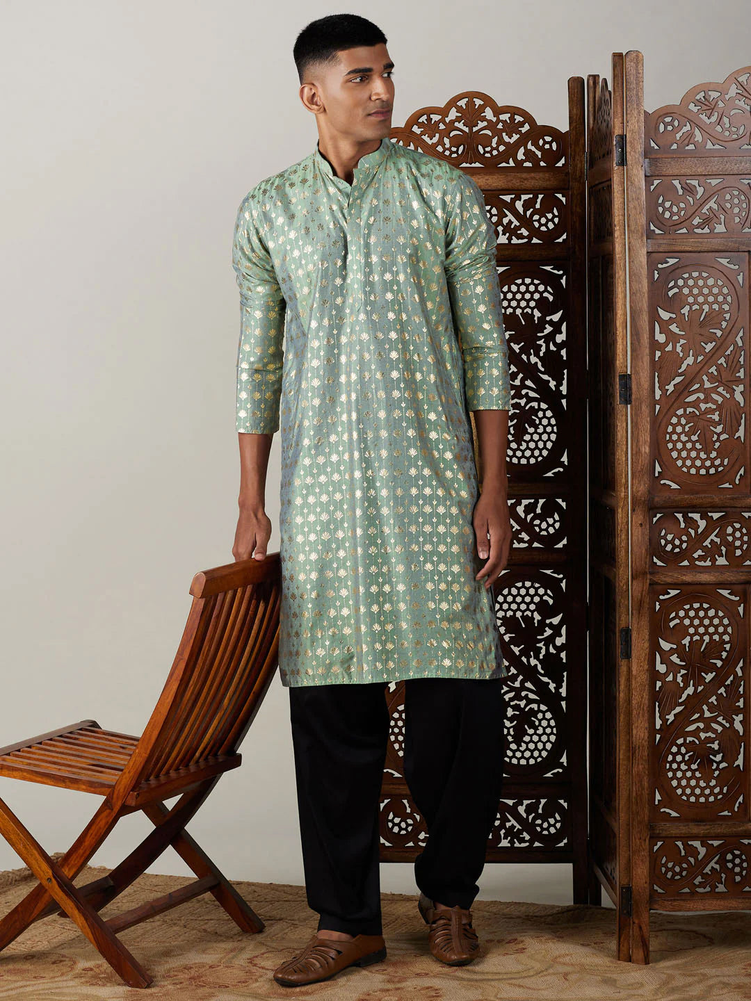 Men's Sea Green Art Silk Foil Print Kurta Pathani Set