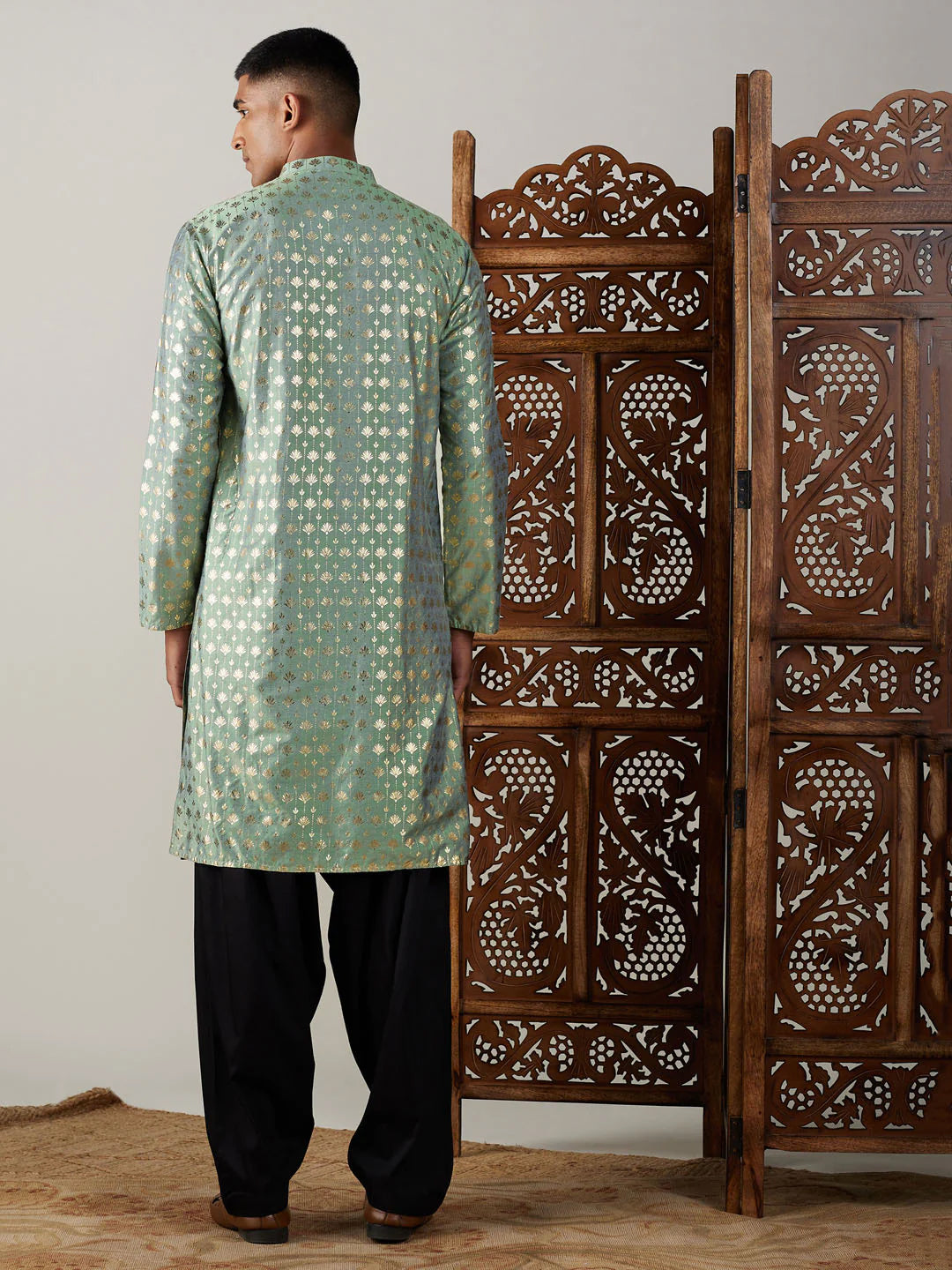 Men's Sea Green Art Silk Foil Print Kurta Pathani Set