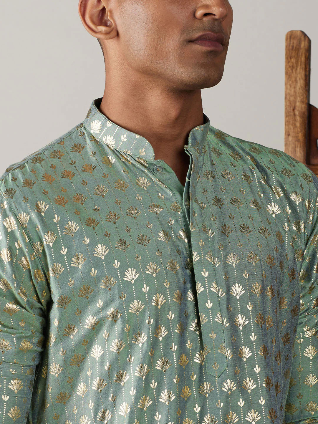 Men's Sea Green Art Silk Foil Print Kurta Pathani Set