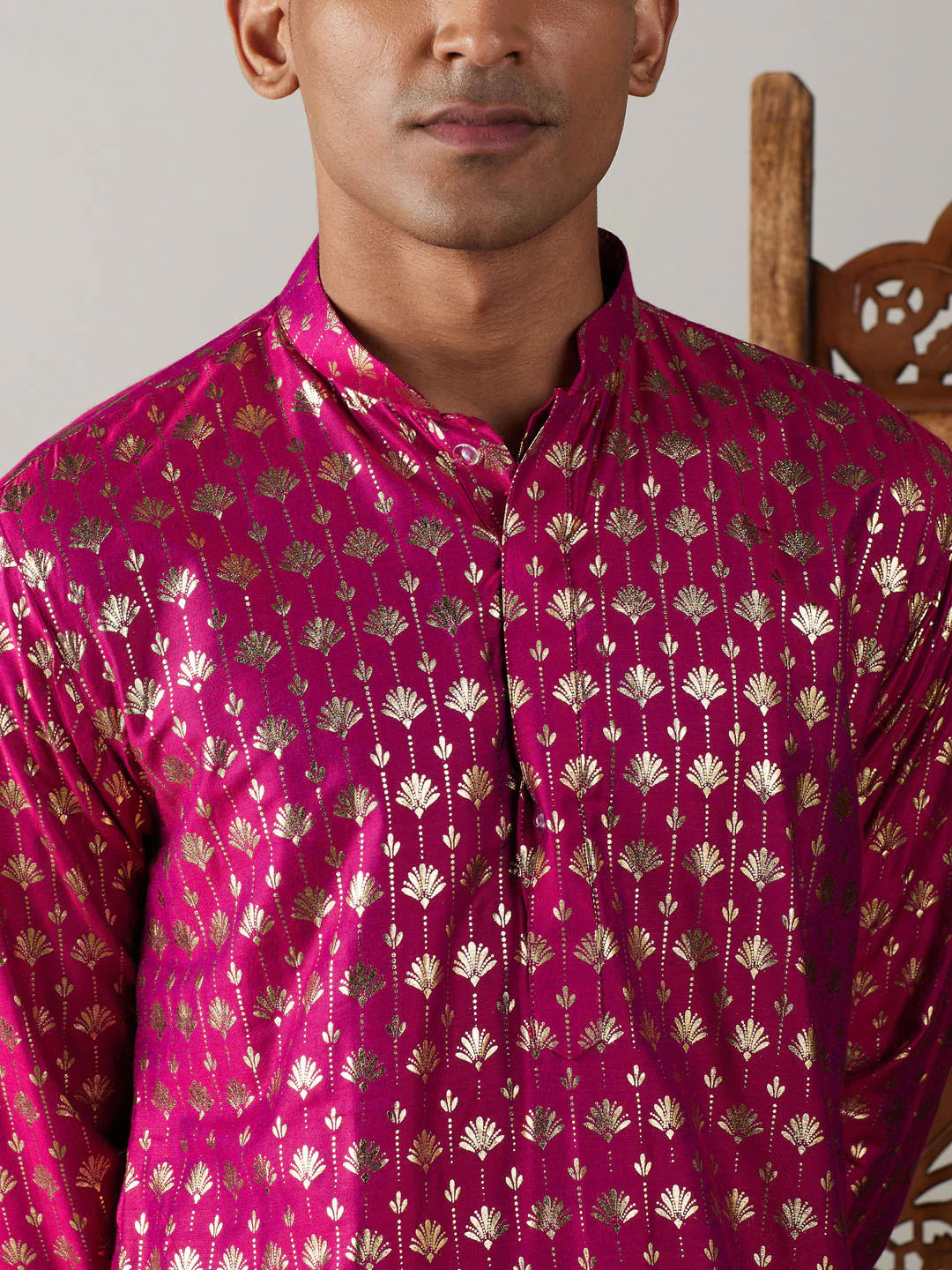 Men's Pink Art Silk Foil Print Kurta Pathani Set