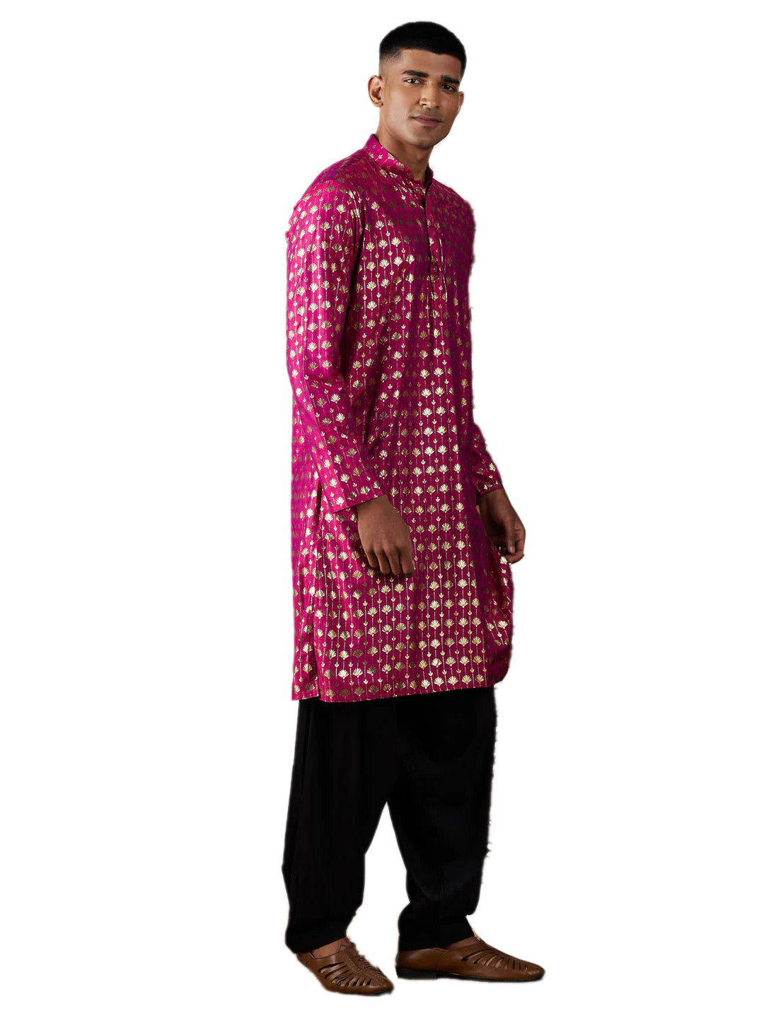 Men's Pink Art Silk Foil Print Kurta Pathani Set