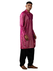 Men's Pink Art Silk Foil Print Kurta Pathani Set