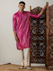 Men's Pink Art Silk Foil Print Kurta Pant Set