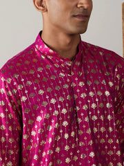 Men's Pink Art Silk Foil Print Kurta Pant Set