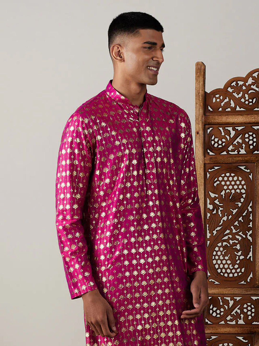 Men's Pink Art Silk Foil Print Kurta Pant Set