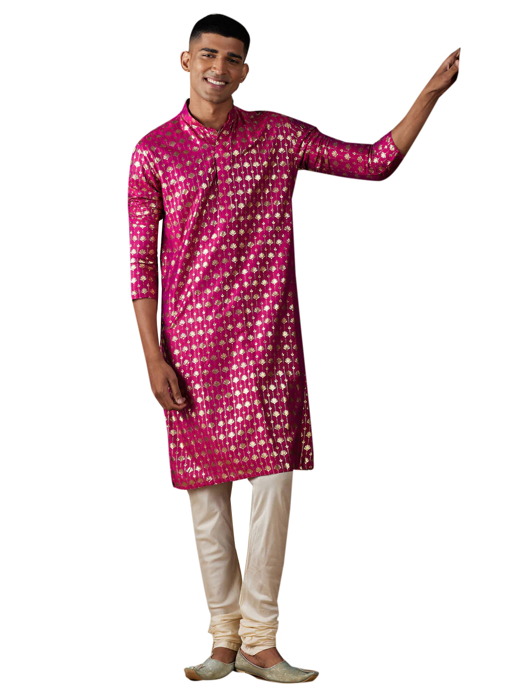 Men's Pink Art Silk Foil Print Kurta Pant Set