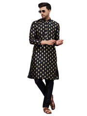 Black Art Silk Foil Print Kurta Pant Set For Men