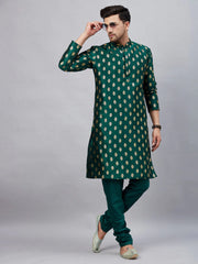 Men's Teal Green Art Silk Foil Print Kurta Pant Set