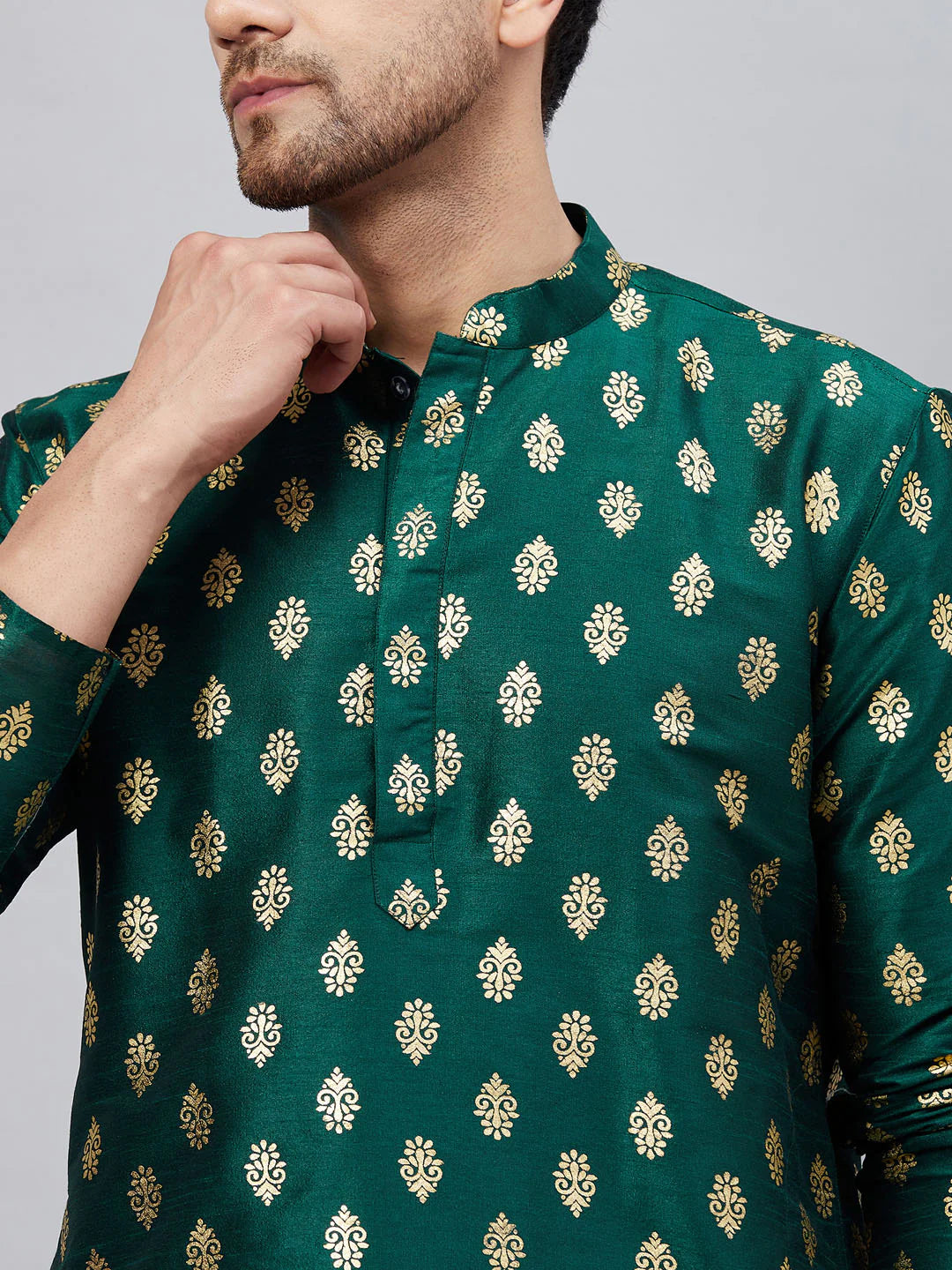 Men's Teal Green Art Silk Foil Print Kurta Pant Set