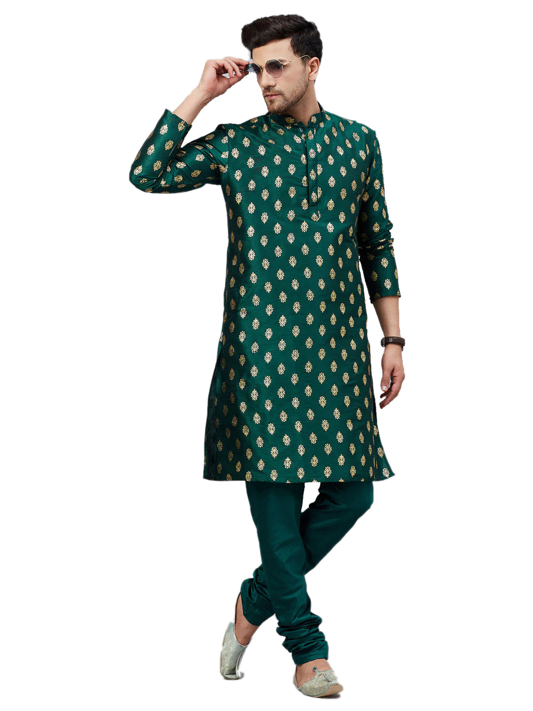 Men's Teal Green Art Silk Foil Print Kurta Pant Set