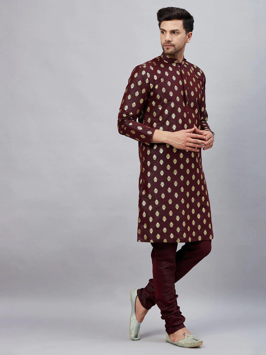 Brown Art Silk Foil Print Kurta Pant Set For Men