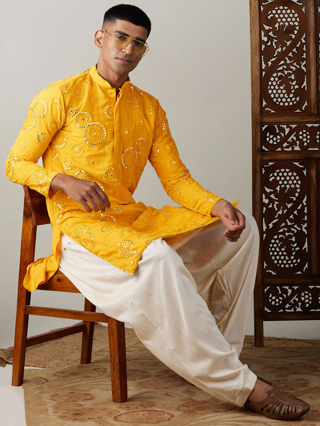 Men's Yellow Cotton Mirror Embroidery Kurta Pathani Set