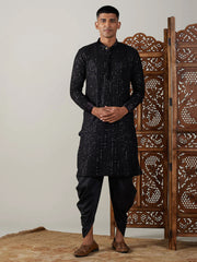 Black Cotton Mirror Embroidery Kurta Dhoti Set For Men