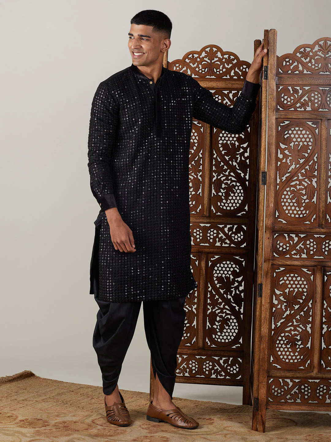 Black Cotton Mirror Embroidery Kurta Dhoti Set For Men