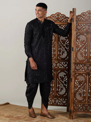 Black Cotton Mirror Embroidery Kurta Dhoti Set For Men