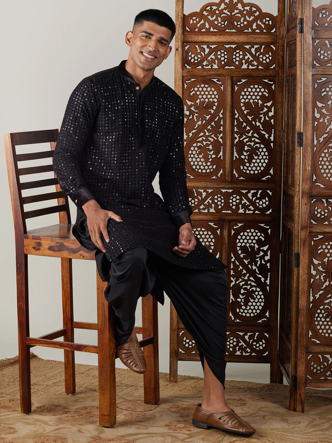 Black Cotton Mirror Embroidery Kurta Dhoti Set For Men