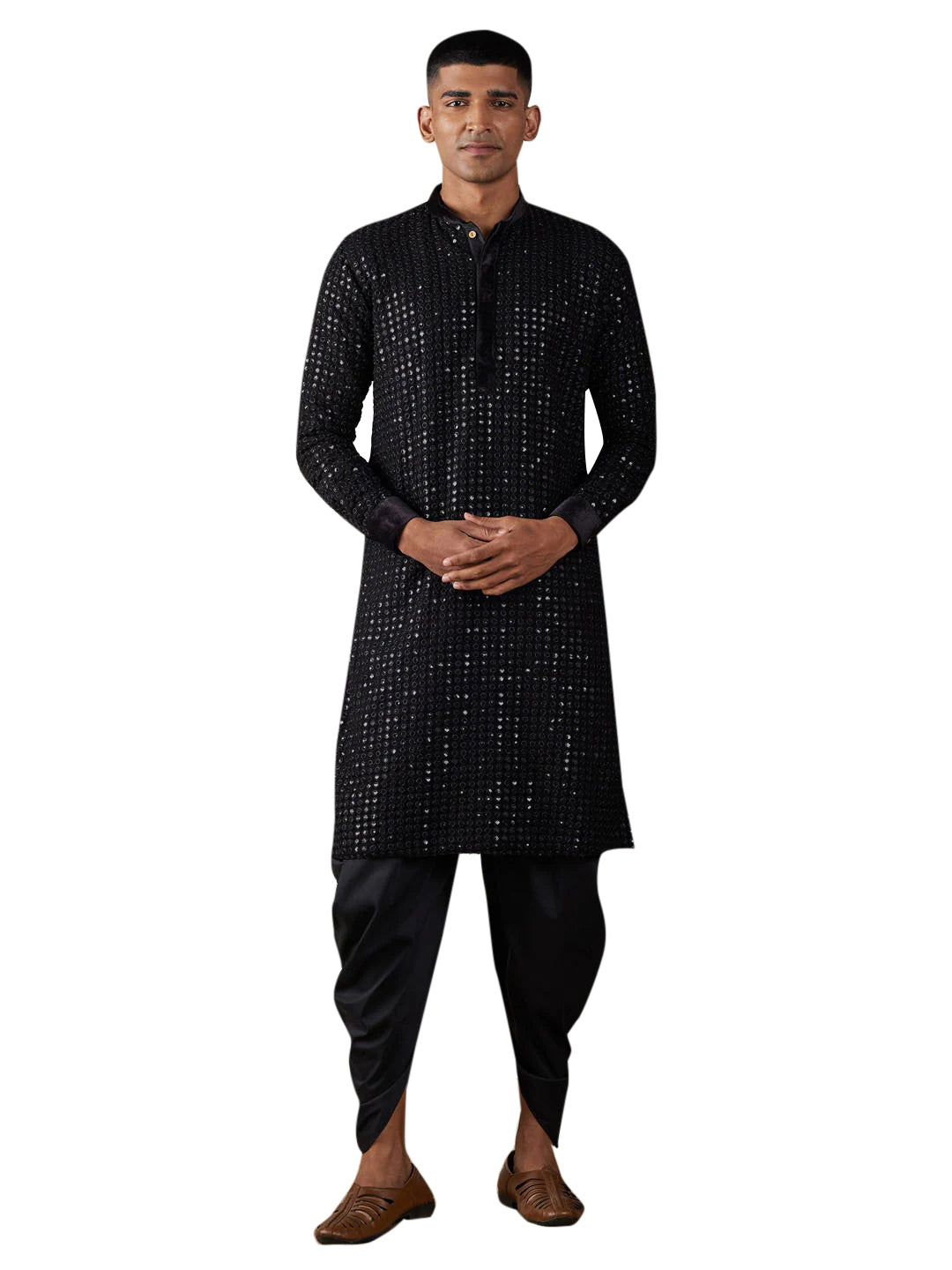 Black Cotton Mirror Embroidery Kurta Dhoti Set For Men