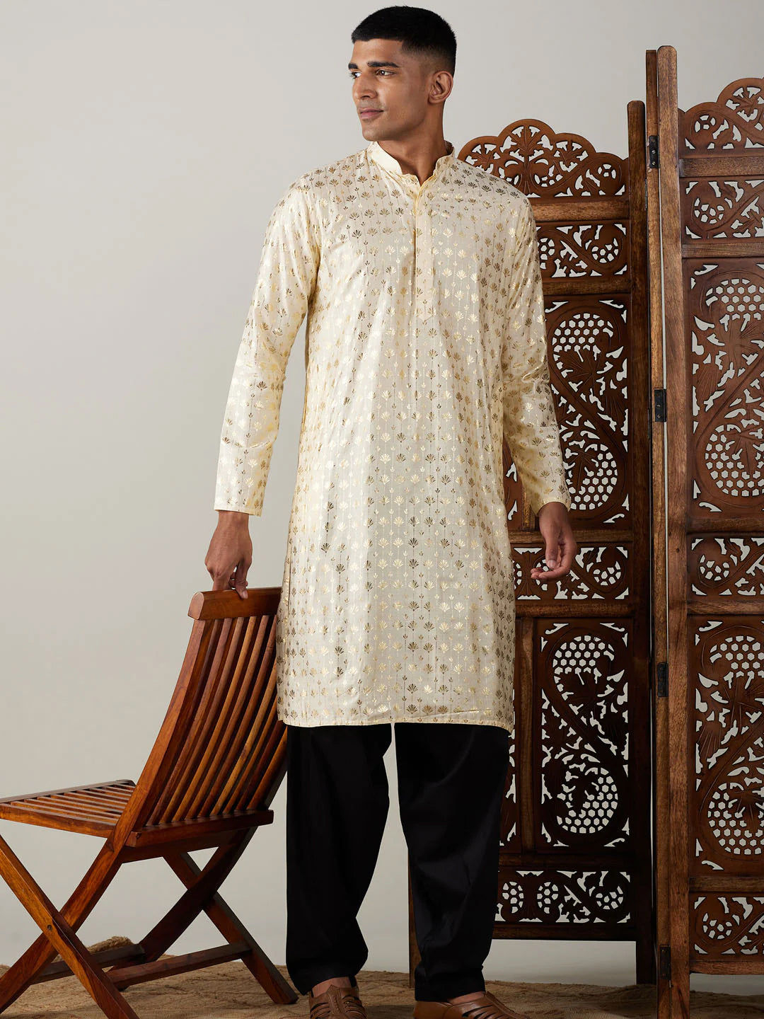 Men's Crème Art Silk Foil Print Kurta Pathani Set