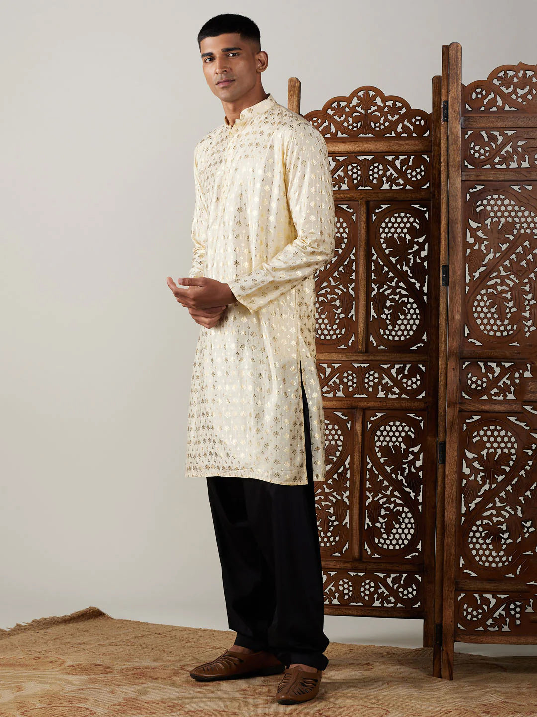 Men's Crème Art Silk Foil Print Kurta Pathani Set