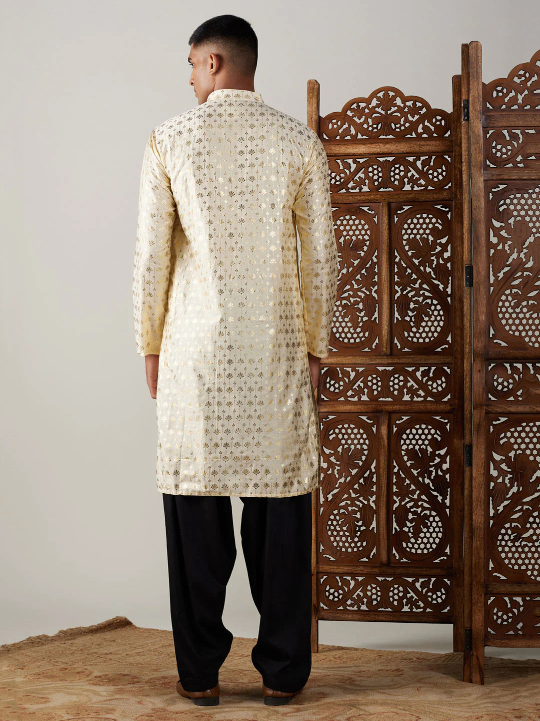 Men's Crème Art Silk Foil Print Kurta Pathani Set